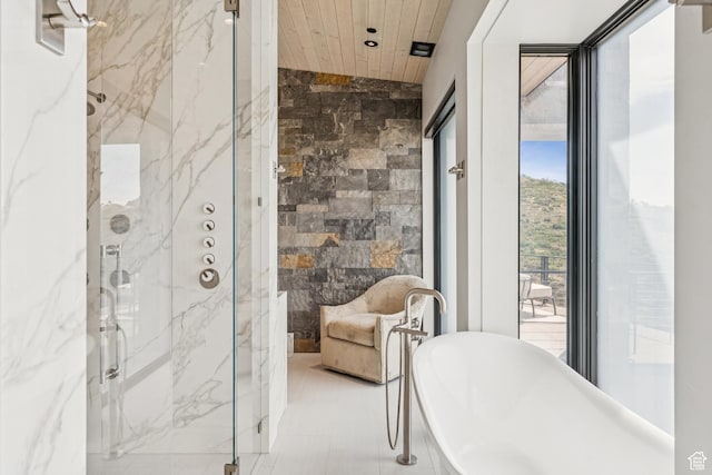 9156 N Sleeping Rock Cir, Kamas, UT 84036 - bathroom featuring a marble finish shower, a soaking tub, and wooden ceiling