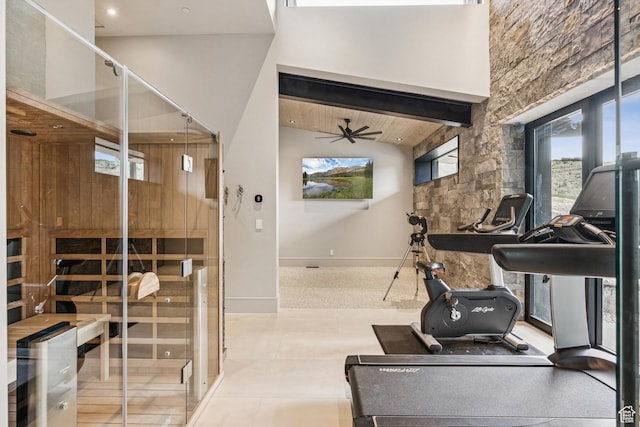 9156 N Sleeping Rock Cir, Kamas, UT 84036 - workout area with a ceiling fan, a high ceiling, and a relaxing sauna