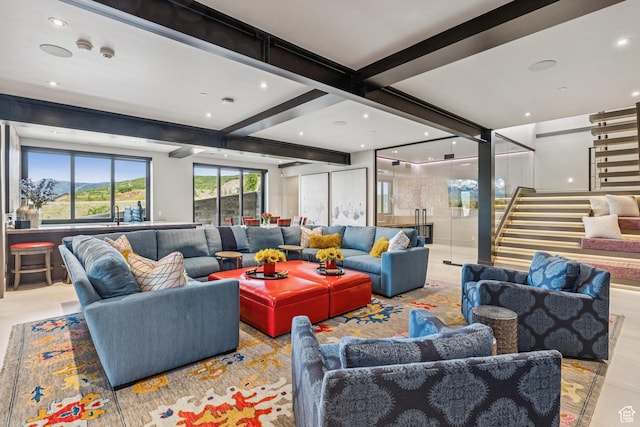 9156 N Sleeping Rock Cir, Kamas, UT 84036 - building lobby with beam ceiling, stairs, and recessed lighting
