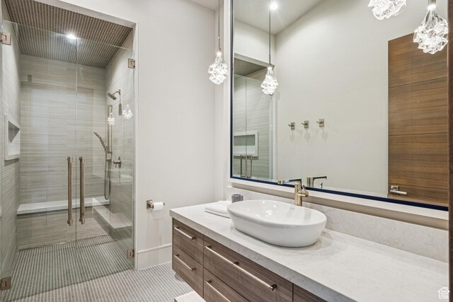 9156 N Sleeping Rock Cir, Kamas, UT 84036 - full bath featuring vanity, a shower stall, tile patterned flooring, recessed lighting, and a chandelier