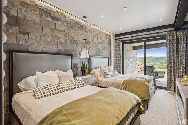 9156 N Sleeping Rock Cir, Kamas, UT 84036 - bedroom featuring access to outside, a fireplace, and carpet flooring