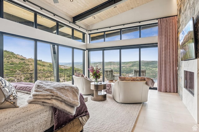 9156 N Sleeping Rock Cir, Kamas, UT 84036 - bedroom with a mountain view, a wood ceiling with exposed beams, high vaulted ceiling, and tile patterned floors