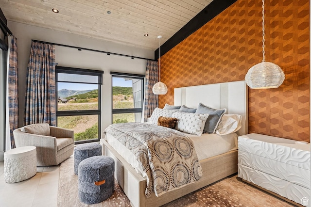 9156 N Sleeping Rock Cir, Kamas, UT 84036 - tiled bedroom featuring wallpapered walls, an accent wall, recessed lighting, and wood ceiling