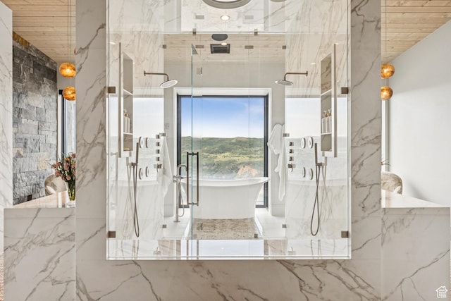 9156 N Sleeping Rock Cir, Kamas, UT 84036 - full bath featuring a marble finish shower, a soaking tub, and wooden ceiling