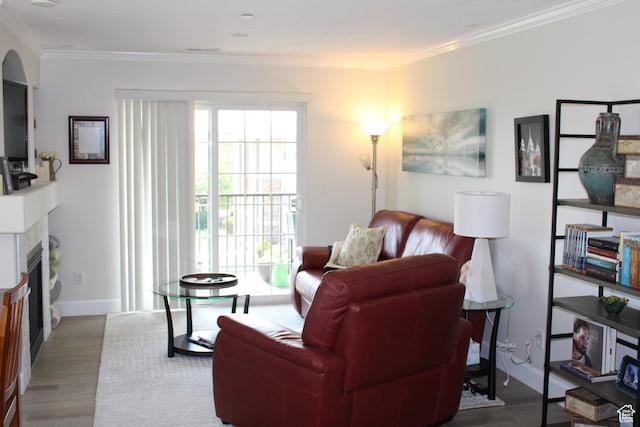 176 E Spencer Peak Way S Unit B11, Draper, UT 84020 - living area with a fireplace, ornamental molding, wood finished floors, and arched walkways