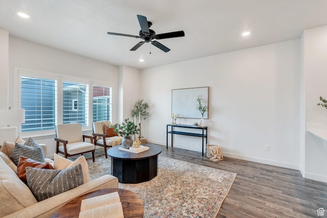 1052 W Azul Meadows Way S, Bluffdale, UT 84065 - living area featuring wood finished floors, ceiling fan, and recessed lighting