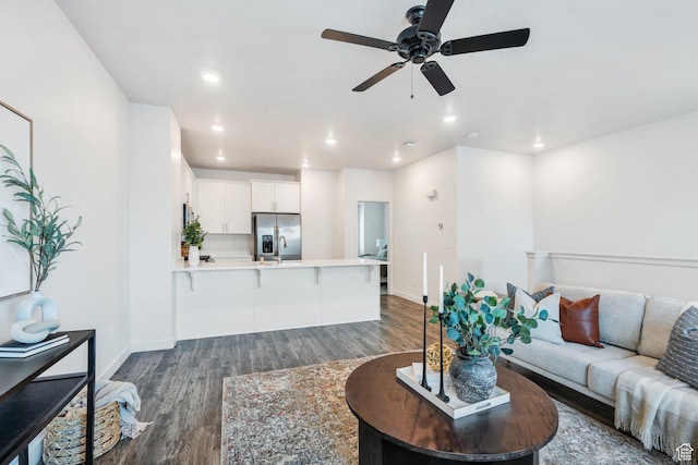 1052 W Azul Meadows Way S, Bluffdale, UT 84065 - living room featuring dark wood-style floors, a ceiling fan, and recessed lighting