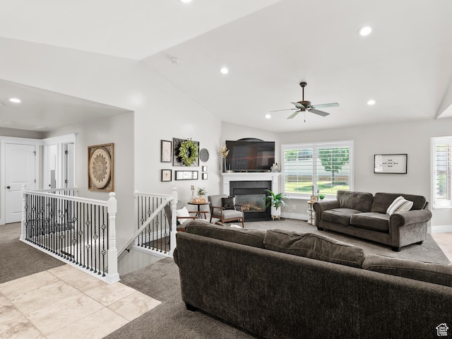 7341 W Sycamore Farm Rd, West Jordan, UT 84081 - living area with recessed lighting, lofted ceiling, a glass covered fireplace, and ceiling fan