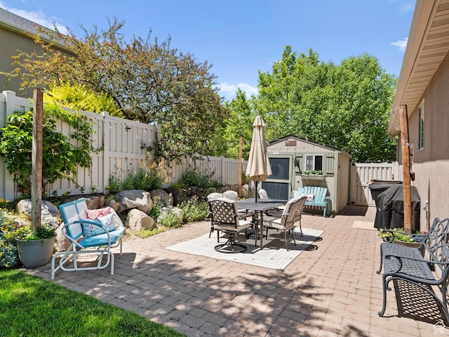 7341 W Sycamore Farm Rd, West Jordan, UT 84081 - fenced backyard with a patio area, outdoor dining area, grilling area, and a storage unit