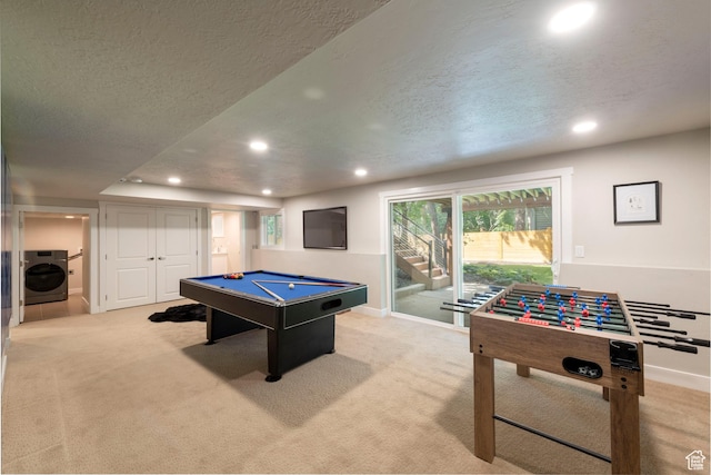 3603 E Macintosh Ln, Cottonwood Heights, UT 84121 - rec room with washer / clothes dryer, recessed lighting, pool table, light carpet, and a textured ceiling