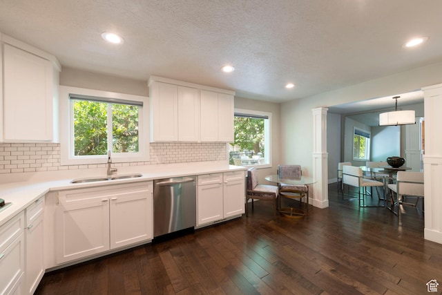 3603 E Macintosh Ln, Cottonwood Heights, UT 84121 - kitchen featuring dishwasher, white cabinets, decorative backsplash, dark wood finished floors, and recessed lighting
