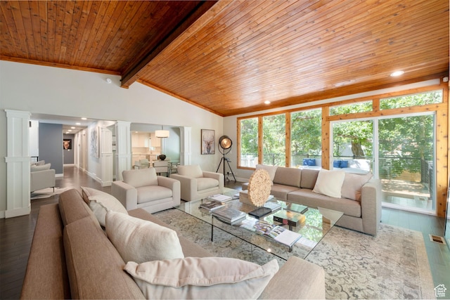 3603 E Macintosh Ln, Cottonwood Heights, UT 84121 - living room with wooden ceiling, ornate columns, wood finished floors, and recessed lighting