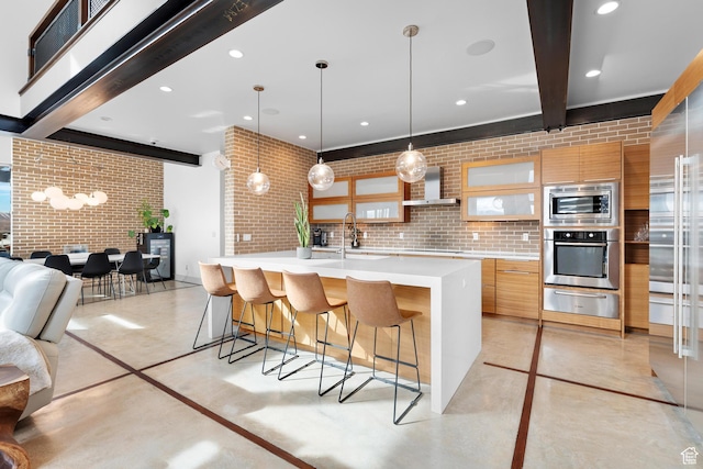 4601 N Toscana Hills Dr, Lehi, UT 84043 - kitchen featuring built in appliances, a warming drawer, modern cabinets, wall chimney range hood, and light countertops