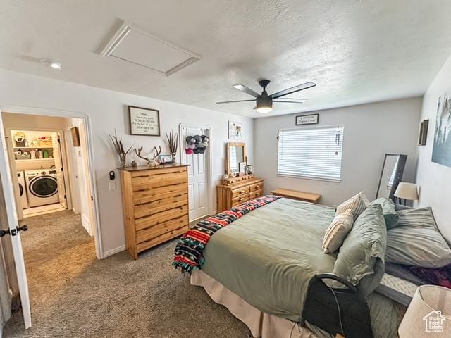 1018 S 810 W, Tooele, UT 84074 - bedroom with washer and clothes dryer, light carpet, attic access, and a ceiling fan