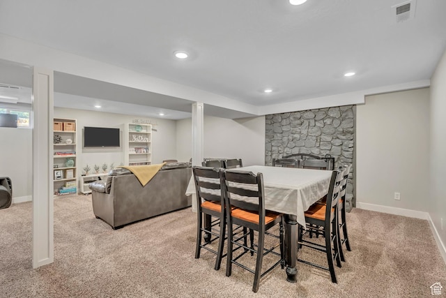 1895 E Brookhill Dr, Cottonwood Heights, UT 84121 - carpeted dining room with recessed lighting and a stone fireplace