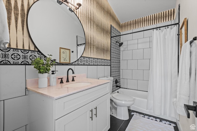 11362 S Mariposa Way E, Sandy, UT 84094 - bathroom with vanity, tile patterned floors, shower / bath combination with curtain, and tile walls