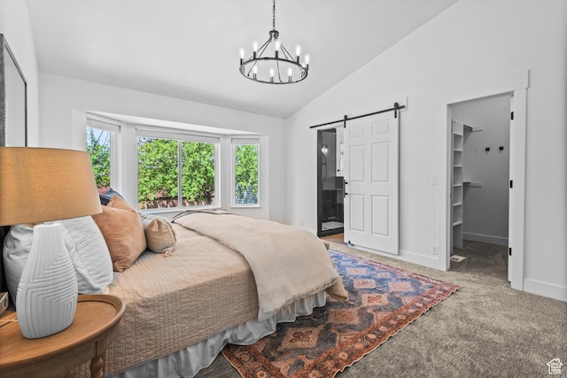 11362 S Mariposa Way E, Sandy, UT 84094 - bedroom featuring a barn door, a chandelier, carpet floors, lofted ceiling, and a walk in closet