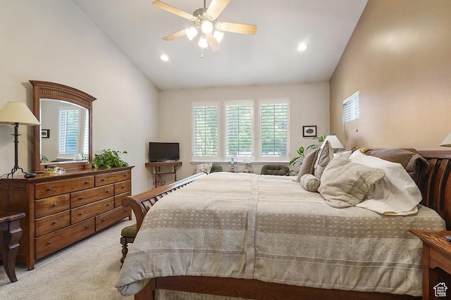 4470 S Snowmass Ct, Millcreek, UT 84124 - bedroom with multiple windows, light colored carpet, recessed lighting, ceiling fan, and high vaulted ceiling
