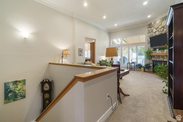 4470 S Snowmass Ct, Millcreek, UT 84124 - hall with light carpet, ornamental molding, and recessed lighting
