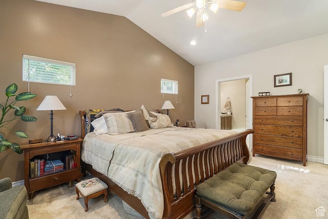 4470 S Snowmass Ct, Millcreek, UT 84124 - bedroom featuring vaulted ceiling, light colored carpet, multiple windows, a ceiling fan, and ensuite bath