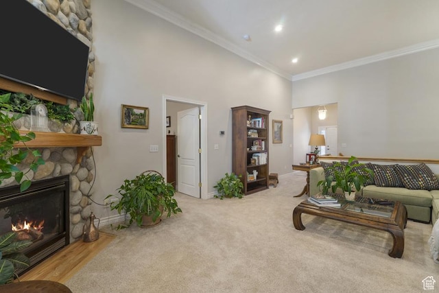 4470 S Snowmass Ct, Millcreek, UT 84124 - living area featuring a high ceiling, ornamental molding, a fireplace, carpet, and recessed lighting