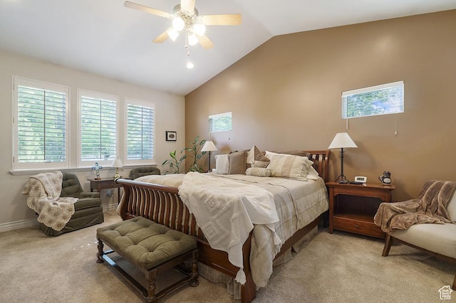 4470 S Snowmass Ct, Millcreek, UT 84124 - bedroom featuring light carpet, vaulted ceiling, and ceiling fan