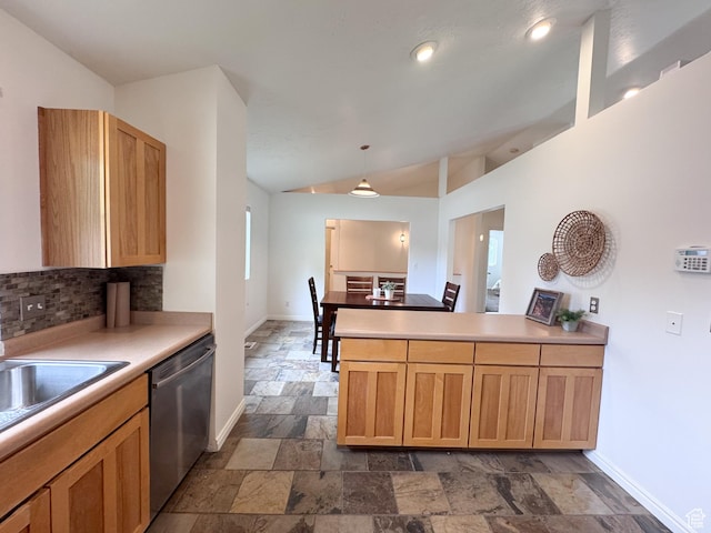 841 E 8600 S, Sandy, UT 84094 - kitchen featuring stainless steel dishwasher, stone tile floors, vaulted ceiling, decorative backsplash, and a peninsula