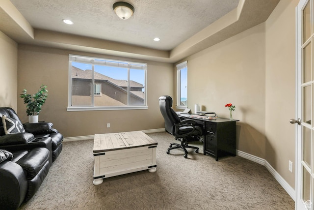 14346 S Fort Duchesne Cv, Herriman, UT 84096 - carpeted office space with a tray ceiling, a textured ceiling, and recessed lighting