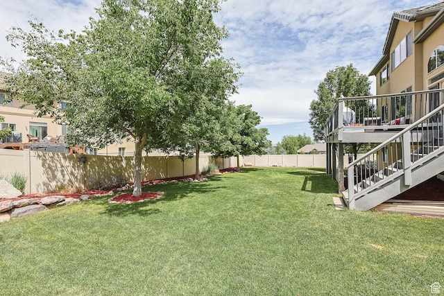 14346 S Fort Duchesne Cv, Herriman, UT 84096 - fenced backyard featuring stairway and a wooden deck