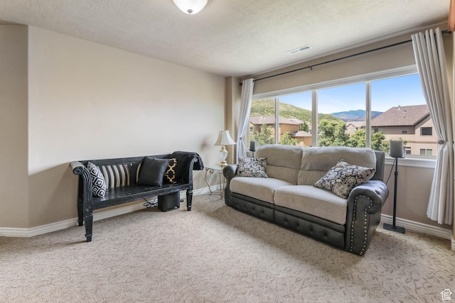 14346 S Fort Duchesne Cv, Herriman, UT 84096 - carpeted living room featuring a textured ceiling and a mountain view