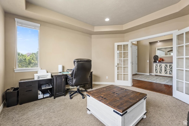 14346 S Fort Duchesne Cv, Herriman, UT 84096 - carpeted home office featuring french doors, a raised ceiling, and recessed lighting