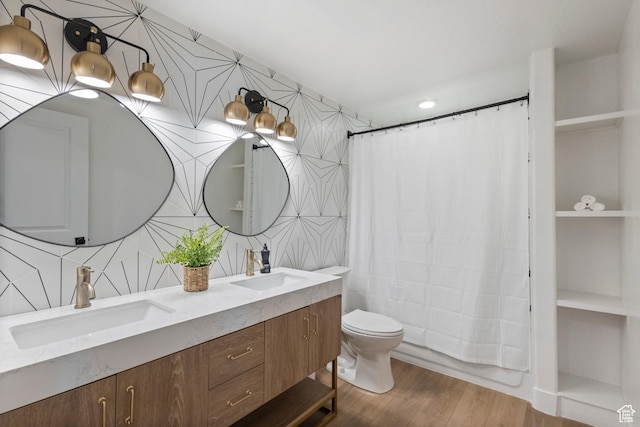 2437 E Ember Dr, Draper, UT 84020 - full bath with double vanity, tasteful backsplash, wood finished floors, and shower / tub combo with curtain