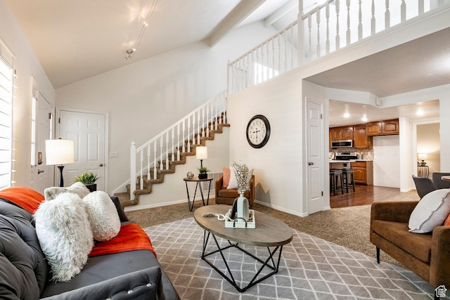 1241 N 575 W, Centerville, UT 84014 - carpeted living area with stairway and high vaulted ceiling
