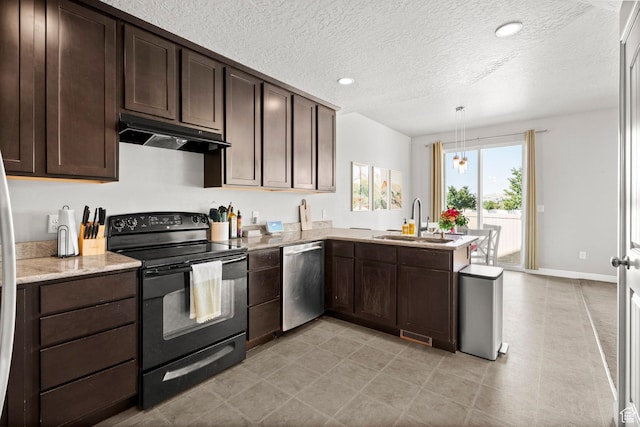 3733 N Prairie Grass Dr W, Lehi, UT 84043 - kitchen with black range with electric stovetop, stainless steel dishwasher, under cabinet range hood, dark brown cabinets, and a textured ceiling