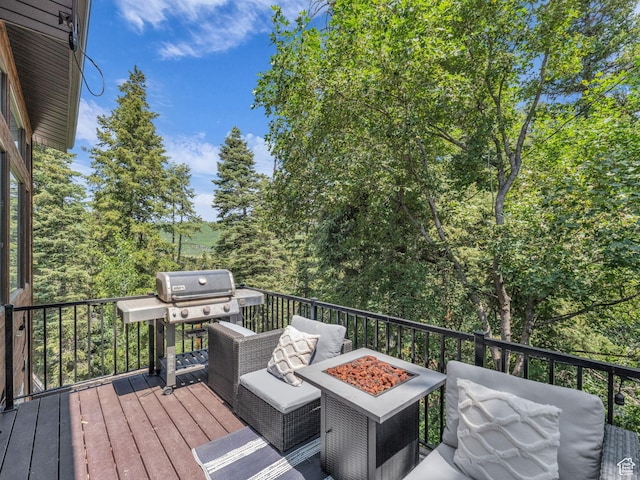485 Parkview Dr, Summit Park, UT 84098 - wooden deck with an outdoor living space with a fire pit and a grill