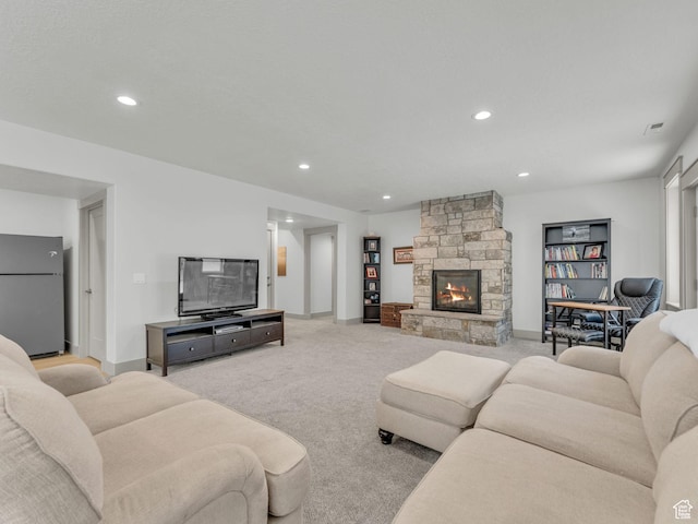 485 Parkview Dr, Summit Park, UT 84098 - living room featuring carpet flooring, recessed lighting, and a fireplace