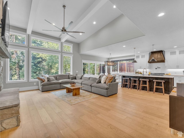 485 Parkview Dr, Summit Park, UT 84098 - living area featuring a ceiling fan, light wood-type flooring, recessed lighting, high vaulted ceiling, and beamed ceiling