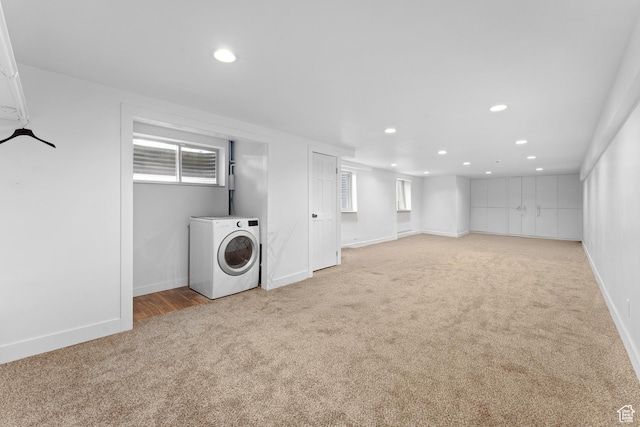 4281 S Nielsen Way, West Valley City, UT 84119 - basement with washer / clothes dryer, light colored carpet, and recessed lighting