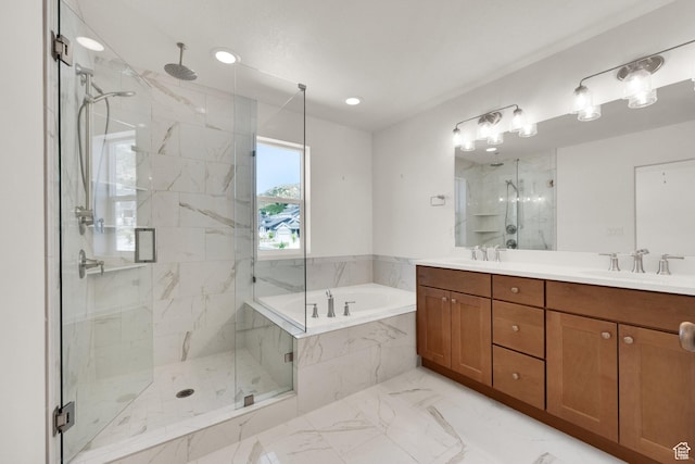 1378 E Orchard Ridge Ln, Kaysville, UT 84037 - bathroom with a marble finish shower, a bath, double vanity, marble finish flooring, and recessed lighting