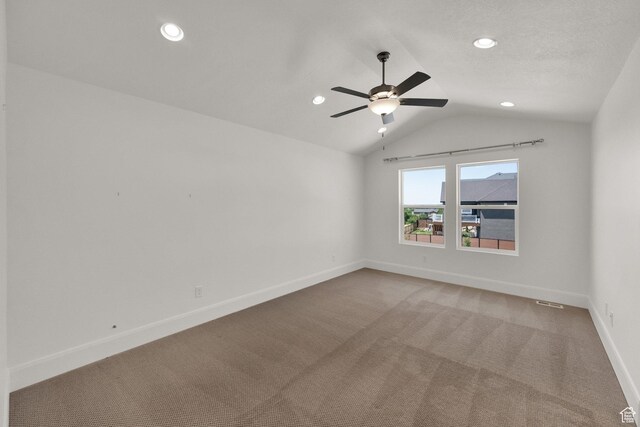 1378 E Orchard Ridge Ln, Kaysville, UT 84037 - unfurnished room featuring vaulted ceiling, light colored carpet, recessed lighting, and a ceiling fan