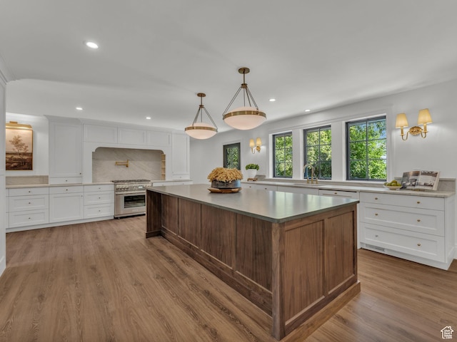 1499 E River Oaks Dr, Sandy, UT 84093 - kitchen featuring high end stainless steel range, healthy amount of natural light, backsplash, wood finished floors, and recessed lighting