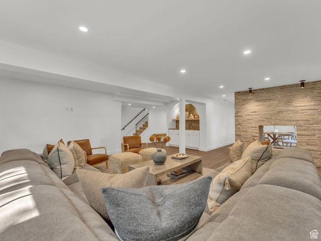 1499 E River Oaks Dr, Sandy, UT 84093 - living room featuring stairway, wood finished floors, and recessed lighting