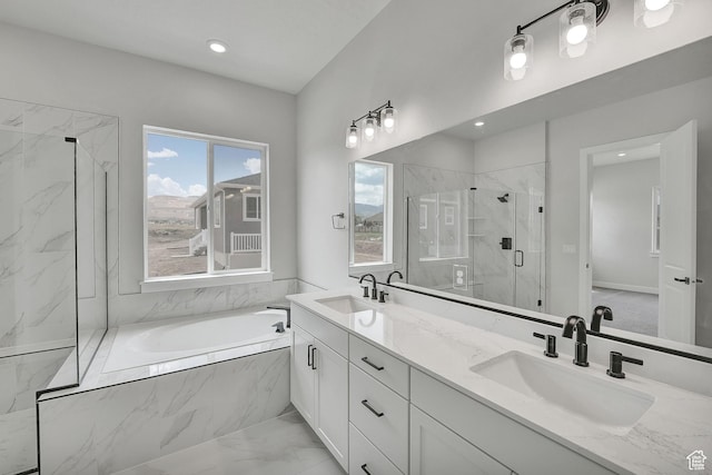 6199 W Wapiti Ridge Ln Unit 333, Herriman, UT 84096 - bathroom featuring a garden tub, a marble finish shower, marble look tile flooring, double vanity, and recessed lighting