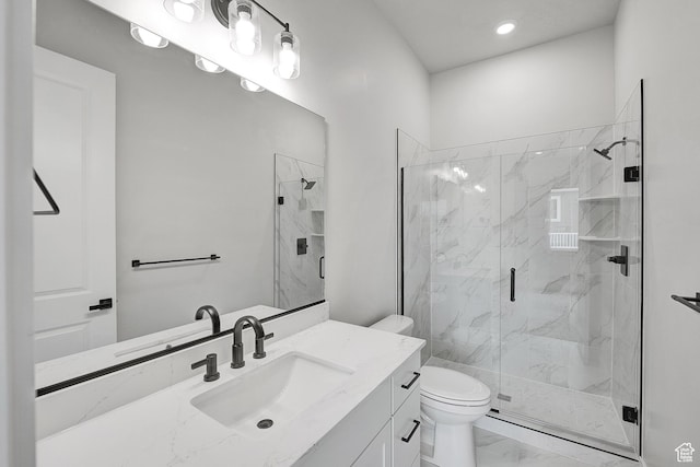 6199 W Wapiti Ridge Ln Unit 333, Herriman, UT 84096 - bathroom featuring marble look tiles, vanity, a marble finish shower, and recessed lighting