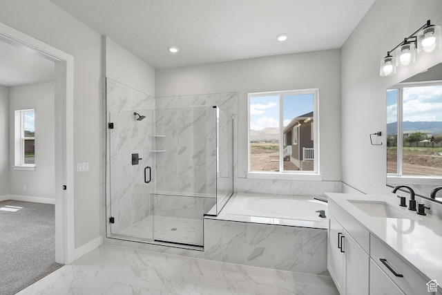 6199 W Wapiti Ridge Ln Unit 333, Herriman, UT 84096 - bathroom with a bath, a marble finish shower, vanity, marble finish flooring, and recessed lighting