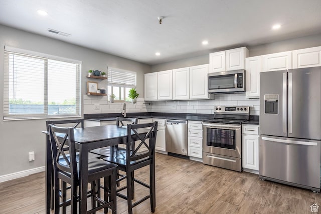 1108 E 6600 S Unit B3, Murray, UT 84121 - kitchen with stainless steel appliances, dark countertops, light wood-style floors, tasteful backsplash, and white cabinetry
