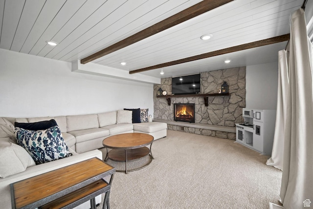 2451 E Cavalier Dr, Cottonwood Heights, UT 84121 - living room featuring carpet floors, beamed ceiling, a stone fireplace, and recessed lighting