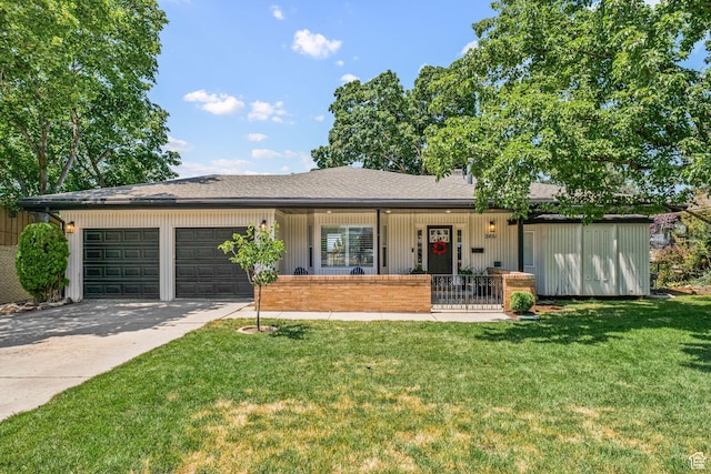 2451 E Cavalier Dr, Cottonwood Heights, UT 84121 - single story home featuring a porch, a garage, concrete driveway, a front lawn, and a shingled roof