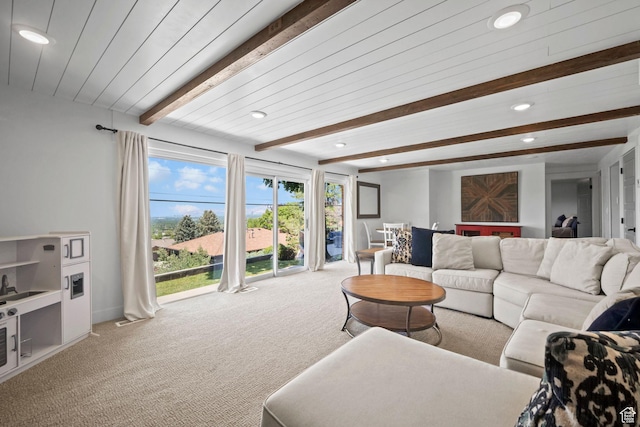 2451 E Cavalier Dr, Cottonwood Heights, UT 84121 - carpeted living room with beamed ceiling and recessed lighting