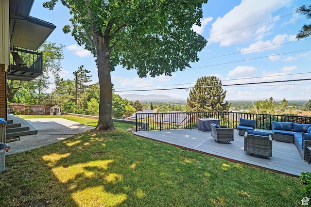 2451 E Cavalier Dr, Cottonwood Heights, UT 84121 - view of green lawn with an outdoor living space, a deck, and a storage shed